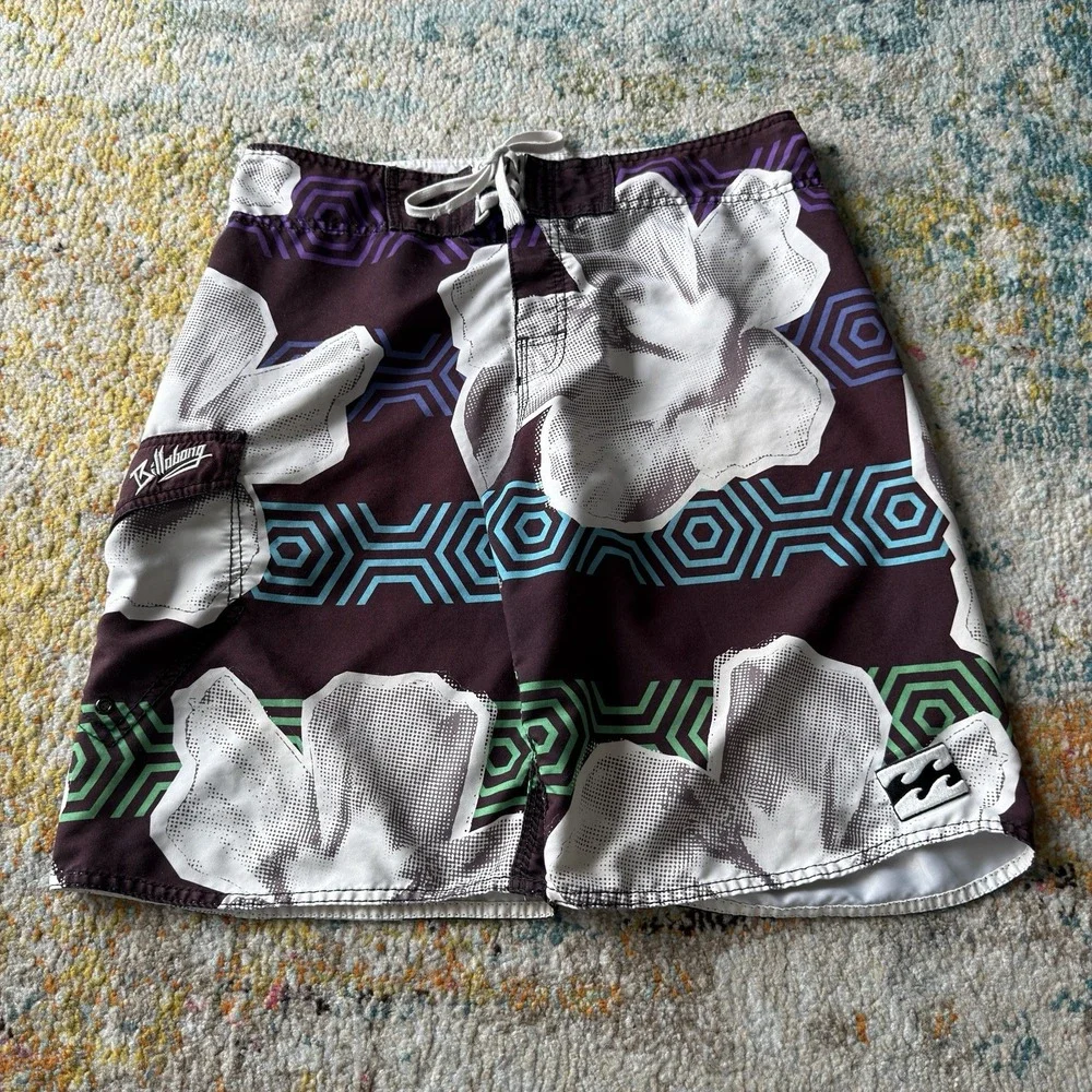 Y2K Surf Billabong Board Shorts Swim Trunks Size 34 Floral Geometric